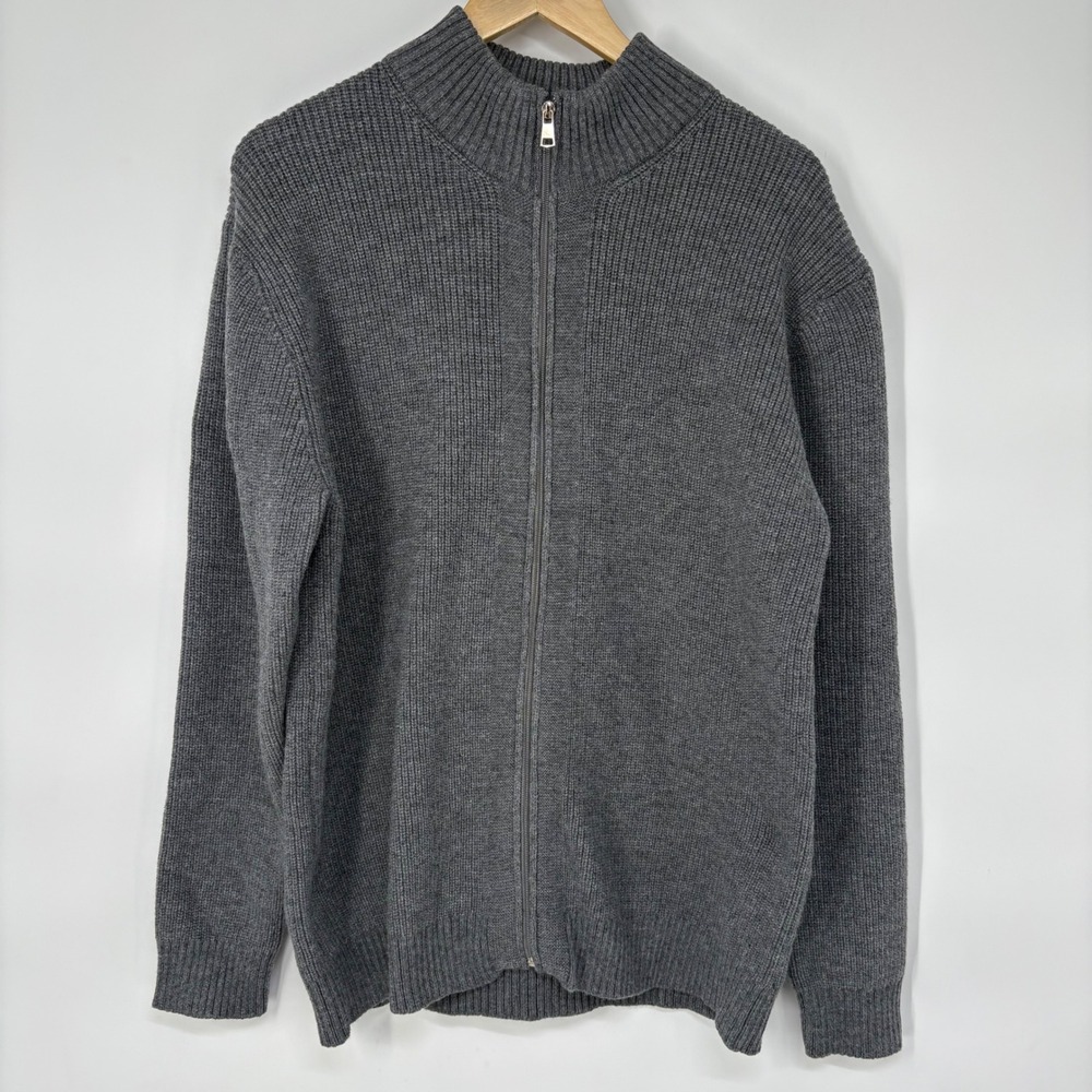 PJ Paul Jones Mens Full‎ Zip Mock Neck Cardigan Sweater Size L Grey Ribbed Knit
